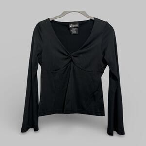 Y2K Womens Black Cropped Top Twist Front Stretch Flared Cuffs Fairy Grunge M 7/9